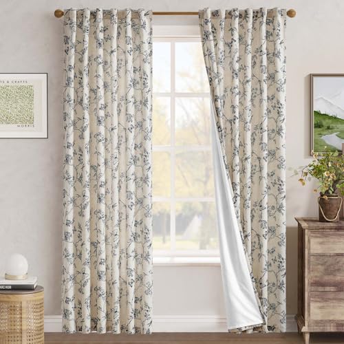 Black Floral Linen Curtains Lined 84 Inch Vintage Back Tab 2 Panels (Charlotte Black / 50"W x 84"L (Pack of 2))