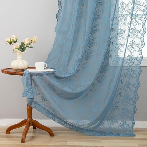 Vintage Lace Curtains 54 Inch Length for Bathroom (Stone Blue / 52"W x 54"L (Pack of 2))