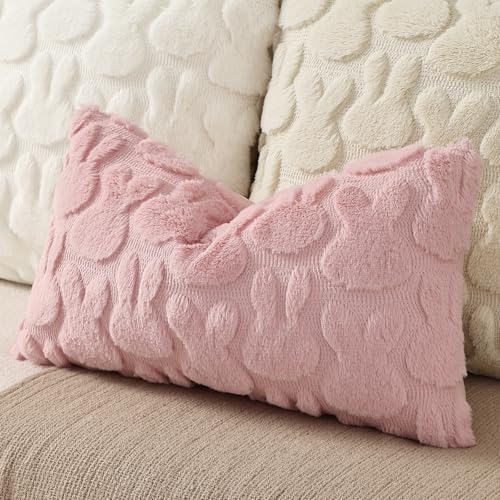 Pink Faux Fur Bunny Throw Pillow Covers 12x20 Set of 2 (20" x 12" (Pack of 2) / Rabbits Pink)