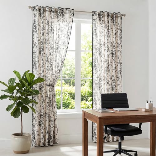 Vintage Floral Linen Curtains 96 Long for Living Room 2 Panels (Black / 50"W x 96"L (Pack of 2))