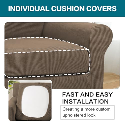 2 Piece Chair Covers Armchair Slipcovers for Living Room Armchair Sofa Cover with Individual Cushion Covers Feature Jacquard Fabric (Armchair (1 Cushion) / Macchiato)