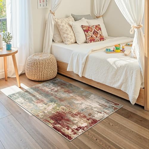 Washable 3'x5' Abstract Area Rug for Living Room Rustic Brown (Rust Red/Green/Blue/Multi / 3' x 5' (Rectangular))