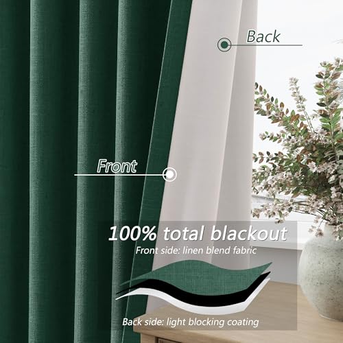 Dark Green 100% Blackout Linen Curtains 84 Inch Length 2 Panels Set for Living Room Back Tab Thermal Insulated Black Out Drapes Room Darkening Farmhouse Style for Bedroom Curtains 52x84 (Dark Green / 52"W x 84"L (Pack of 2))