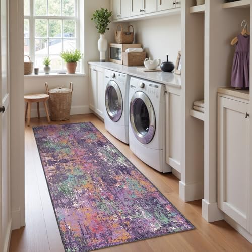Washable Runner 2'x6' Abstract Area Rug for Hallway Purple Multi (Purple/Orange/Teal/Green/Red / 2' x 6' (Runner))