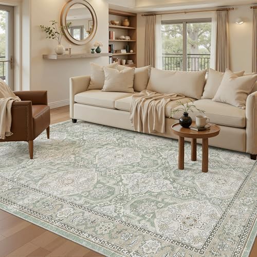 5x7 Area Rug Low Pile Washable Trendy Faded Style Rug (Green/Brown / 5' x 7' (Rectangular))