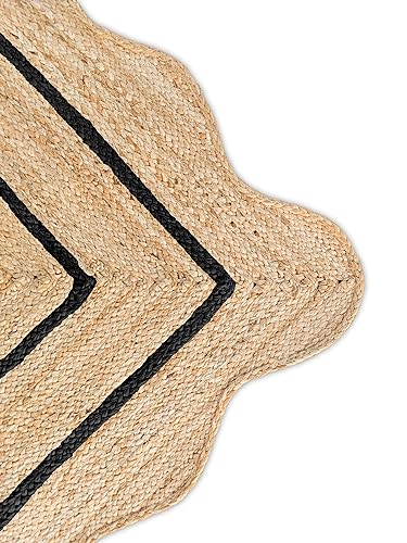 Wave Scalloped Natural Jute Boho Entryway Runner Farmhouse Scallop Rug (Black / 2'6"x12' (Runner))
