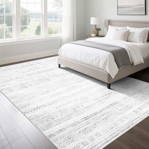 8x10 Washable Area Rugs for Living Room (8' x 10' (Rectangular) / Moroccan-gray-white)