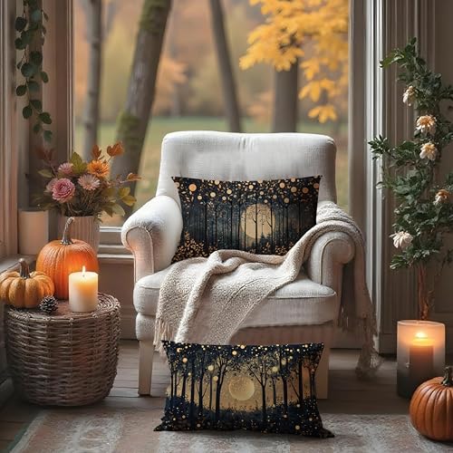 Rustic William Morris Inspired Gold Moon Pillow Covers 12x20 Set of 2 (Forest-black and Gold 26 / 20" x 12" (Pack of 1))