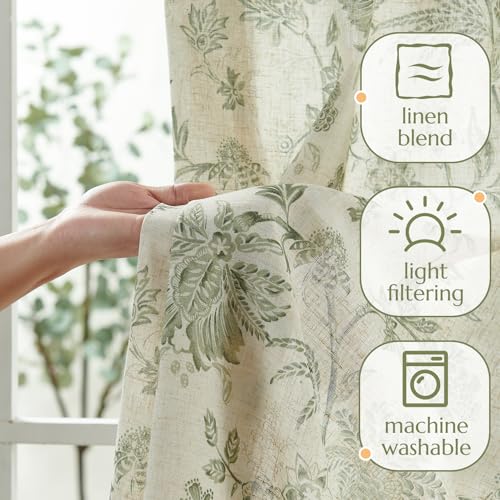 Green Floral Linen Curtains 84 Inch Vintage Back Tab 2 Panels (*Jacobean Sage Green on Beige / 50"W x 84"L (Pack of 2))