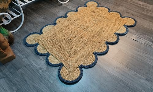 Scalloped Natural Jute Area Rug Natural Base Navy Blue Trim (2'x3' / Navy)