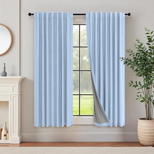 Light Blue Curtains for Bedroom 63 Inch Length 2 Panels Linen Blackout Room Darkening Cold Heat Light Blocking Sky Baby Blue Curtains for Kids Room Girls Boys Nursery Breakfast Nook 52x63 Long (Light Blue / 52"W x 63"L (Pack of 2))