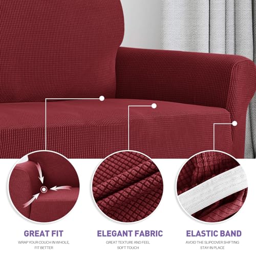 Stretch Oversized Couch Cover Universal Sofa Covers for Living Room Dogs Pet Furniture Protector Spandex Extra Large Sofa Slipcovers with Anti Slip Foam Sticks (Wine Red / X-Large (92"-115"))