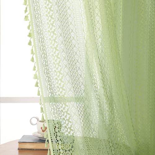 Boho Lace Curtains 84 Inches 2 Panel (59"W x 84"L (Pack of 2) / Grass Green)
