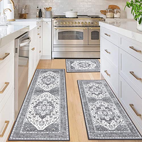 HEBE Boho Kitchen Rugs Set of 3 (Grey / 20"x32"+20"x48"+20"x59")