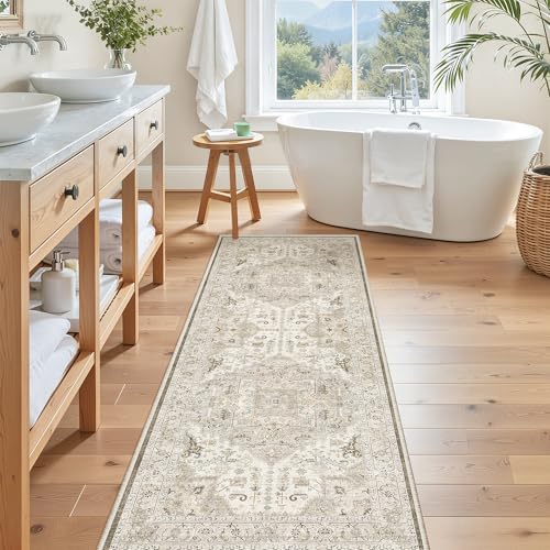 Hallway Runner Rug 2x5 Washable Entry Rugs Non (Ivory/Brown / 2' x 5' (Runner))