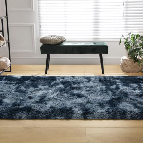Soft 2x6 Runner Rugs for Bedroom Living Room Fluffy Plush (Tie-dyed Blue and Grey / 2' X 6' (Runner))