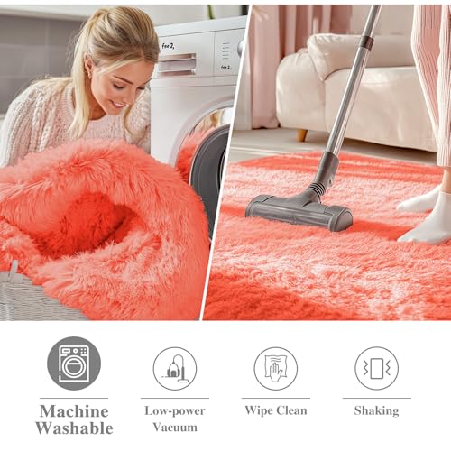 Coral Red Round Rugs for Bedroom (5 Ft Round / Coral Red)