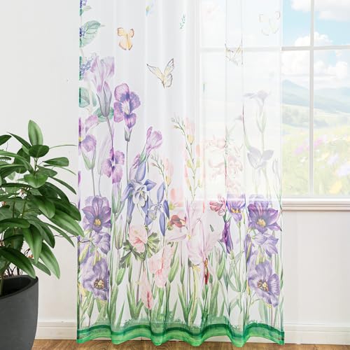 Floral Sheer Curtains for Living Room 84 Inches Long 2 Panels (52"W x 84"L (Pack of 2) / Spring - Purple Floral)