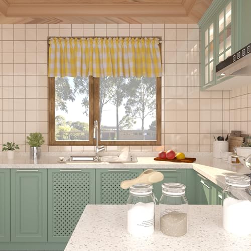 Yellow and White Short Curtains For Windows Treatment Buffalo Check Plaid Valances Gingham 2 Pack Tiers Rod Pocket Decor Small Curtains Over Sink For Kitchen (34"W x 30"L (Pack of 2) / Yellow and White)