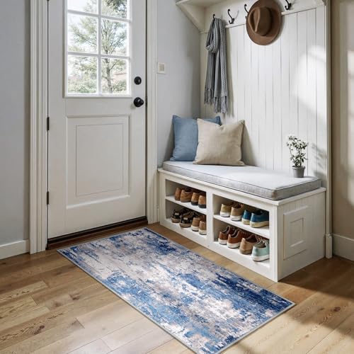 Washable 2'x5' Abstract Area Rug for Living Room Blue Gray (Blue/Gray / 2' x 5' (Rectangular))