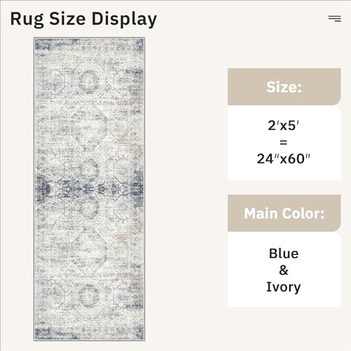 Runner Rug 2x5 Washable Non (Blue/Ivory / 2' x 5' (Runner))
