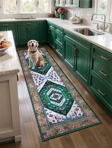 2x6 Washable Non Slip Boho Runner Rug for Hallway (Green White/Multi / 2' x 6' (Runner))