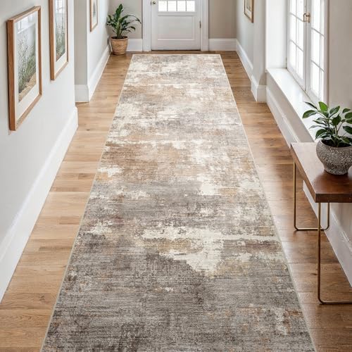 4x12 Runner Rug Washable Abstract (Brown/Brick / 4' x 12')