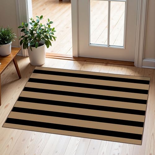 Front Door Mat Indoor Outside Entrance 2x3 Black Tan Striped Rug (Striped - Black / Tan / 2' x 3' (Rectangular))