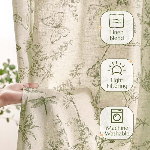 Green Floral Linen Curtains Lined 84 Inch Vintage Back Tab 2 Panels (Charlotte Sage Green / 50"W x 84"L (Pack of 2))