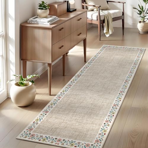 Entryway Rug 2x6 Modern Bordered Runner Rug Washable Kitchen Runners for Hallway Non (Light Flax/Beige / 2' x 6' (Rectangular))