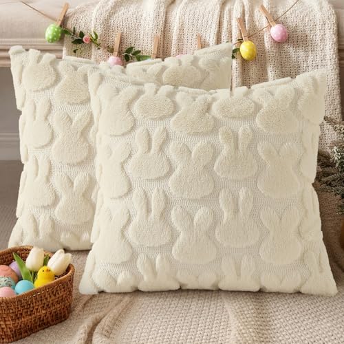Beige Faux Fur Bunny Throw Pillow Covers 18x18 Set of 2 (18" x 18" (Pack of 2) / Rabbits Beige)