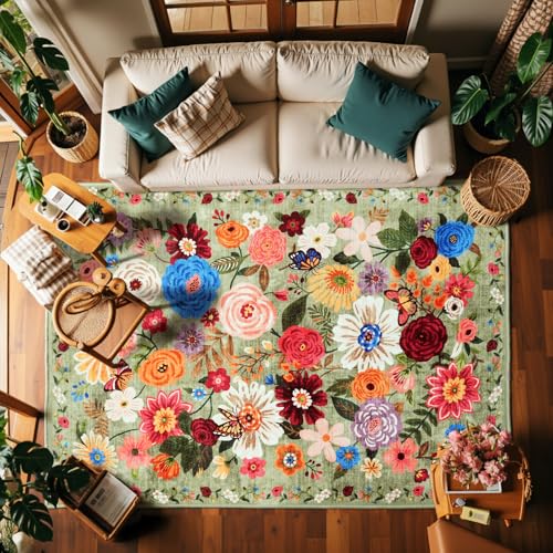 Green Floral Washable Area Rug 6x9 for Living Room Bedroom (Green / 6' x 9' (Rectangular))