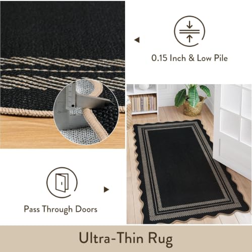 Scalloped Washable 3x5 Outdoor Rug (3‘ x 5’ / Black/Border 2)