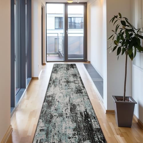 Washable Runner 2'x10' Abstract Area Rug for Hallway Teal Black (Black/Teal Blue / 2' x 10' (Runner))
