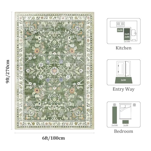 6x9 Washable Area Rug for Living Room Floral Carpet Sage Green (Green / 6' x 9')