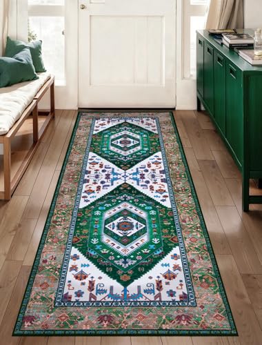 2x6 Washable Non Slip Boho Runner Rug for Hallway (Green White/Multi / 2' x 6' (Runner))