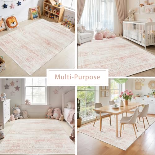 Pink Washable Rugs 6x9 Area Rugs for Living Room (6' x 9' (Rectangular) / Pink-white)