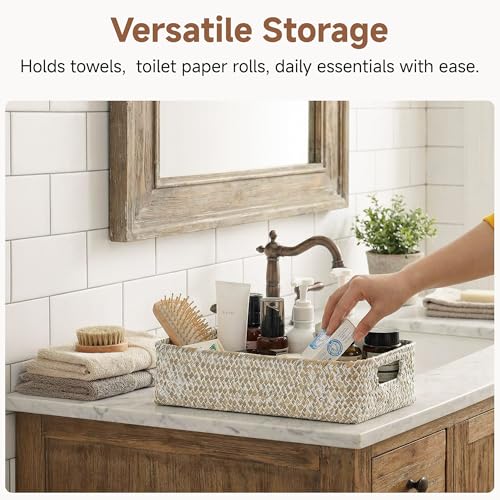 Wicker Toilet Paper Basket for Back of Toilet (Wipe White (Seagrass) / 14¼" L x 6¾" W x 3¾" H)
