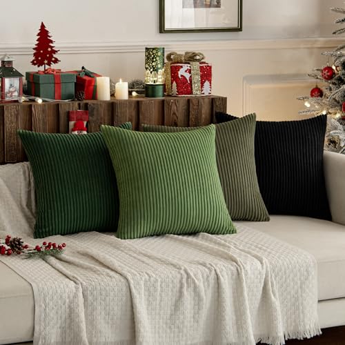 Soft Corduroy Decorative Throw Pillow Covers Neutral Green 18x18 (18" x 18" (Pack of 4) / Green-black)