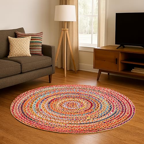 Jute Cotton Braided Woven Rug 4 Feet Round (4' (Round) / Multi Color)
