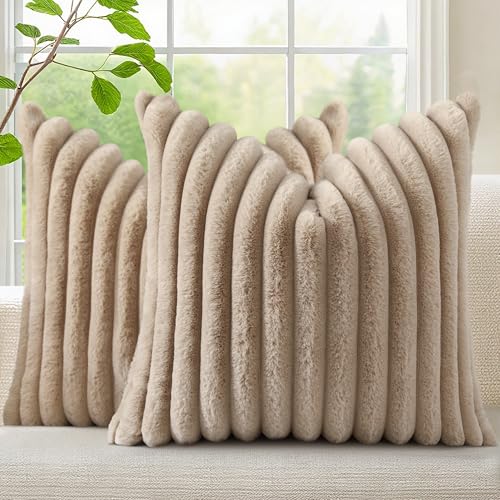 Fall Faux Fur Throw Pillow Covers 20x20 Set of 2 Khaki Brown (Light Khaki Brown / 20" x 20" (Pack of 2))