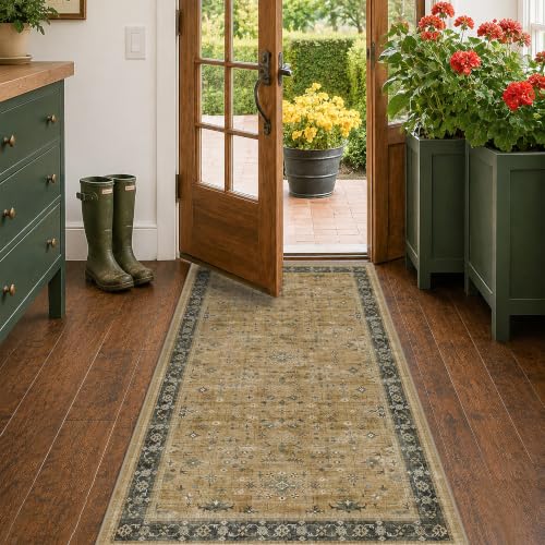 Washable 3x6 Large Mudroom Area Rug (3' x 6' (Rectangular) / Rustic Brown / Charcoal Olive)