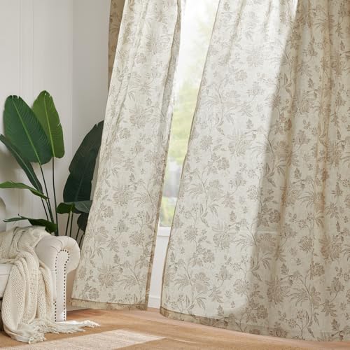 Taupe Floral Linen Curtains 63 Inch Vintage Back Tab 2 Panels (*Jacobean Taupe / 50"W x 63"L (Pack of 2))