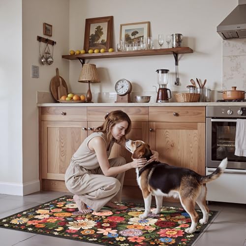 Black Brown Floral Hallway Runner Rug 2x4 for Bedroom Kitchen (Espresso / 2' x 4' (Rectangular))
