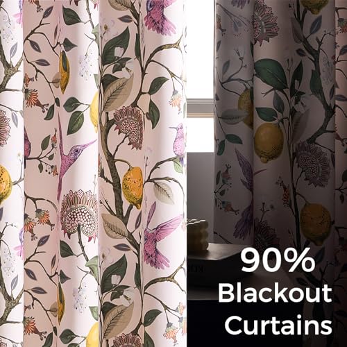Pink Curtains 102 Inches Long Cute Sound Dampening Pretty Vintage Elegant Whimsical Floral Hummingbird Dusty Rose Drapes for Girls Kids Room Aesthetic Living Room 2 Panels (Light Pink / 52"W x 102"L (Pack of 2))