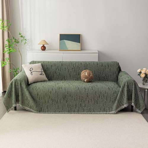 Loveseat Cover Moss Green Couch Cover Sectional Couch Covers for 2 Cushion Couch Sofa Thick Universal Chenille Sofa Cover with Tassel Durable Furniture Protector for Dogs 91" x 118" (91" x 118" / 9# Lines Moss Green)