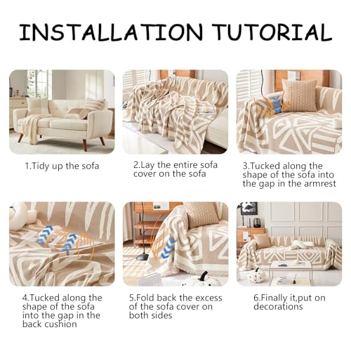 Sofa Covers for Sectional Sofa Set Boho Couch Cover for Dogs Khaki Throw Couch Cover with Tassel Loveseat Covers Futon Cover L Shaped Cover Washable Chenille Couch Protector (91" x 134" / T:khaki)