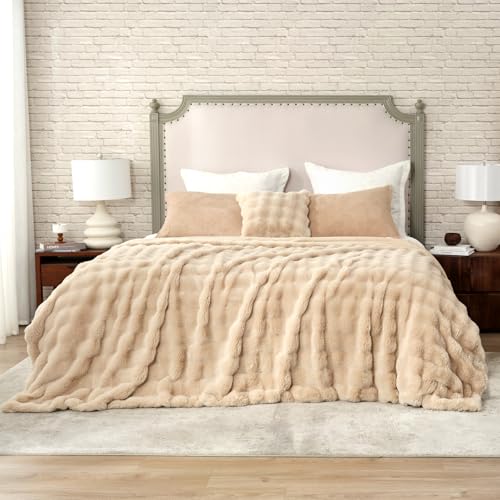 Faux Fur Throw Blanket for Couch (Beige / Queen(90" x 90"))