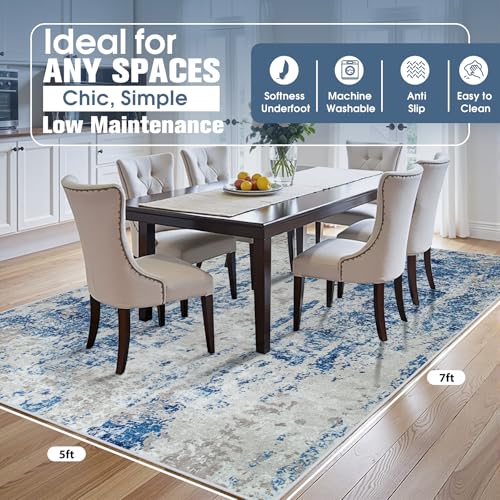 5x7 Area Rugs for Living Room Washable Bedroom Dining Room Blue Grey White (Blue Grey/White / 5' x 7' (Rectangular))