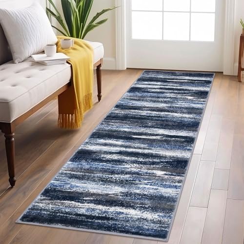 Abstract Washable 2x6 Runner Rug Non Slip Runners for Hallway (Navy Blue and Gray / 2' x 6' (Runner))